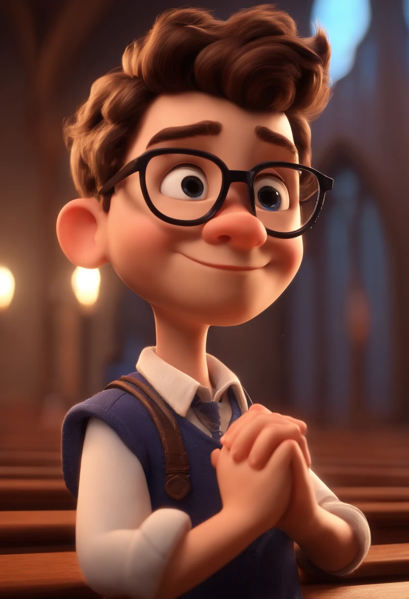 Cartoon character of a boy with black glasses and a blue shirt praying in church, animation character, Caractere estilizado, animation style rendering, 3D estilizado, Arnold Maya render, 3 d render stylized, toon render keyshot, Personagem 3D, Personagem 3D, 3d rendering stylized, 3 d character render, personagem de desenho animado, Personagem de close up, Pose de personagem,  (Estilo Pixar) (master part:1.2) (Bokeh) (best quality) (pele detalhada) (textura detalhada) (8k) (argila) (Cinematic lighting) (foco nítido