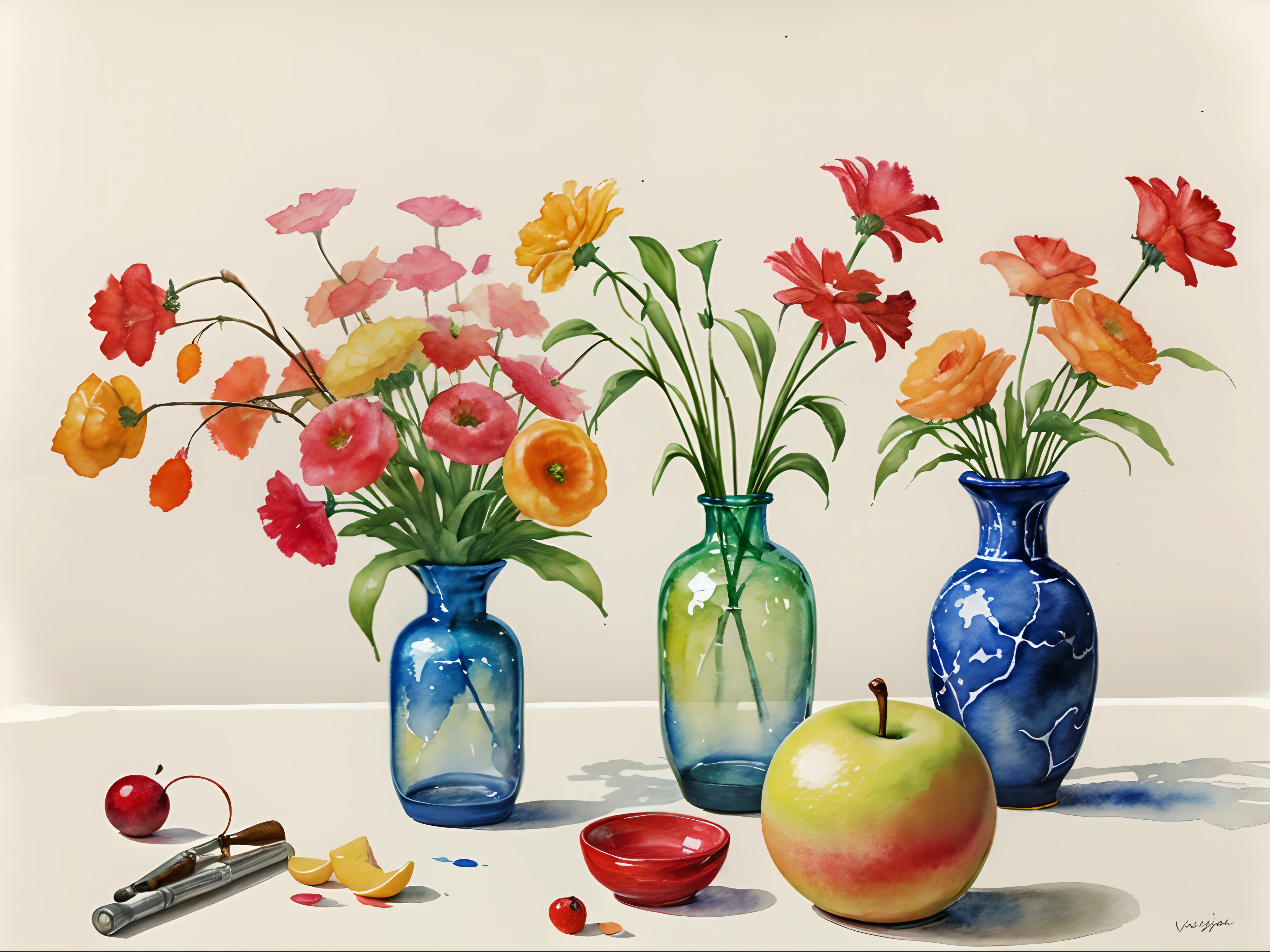 Still Life: Artists often paint still life arrangements of objects like fruit, vases, and other everyday items using watercolors.