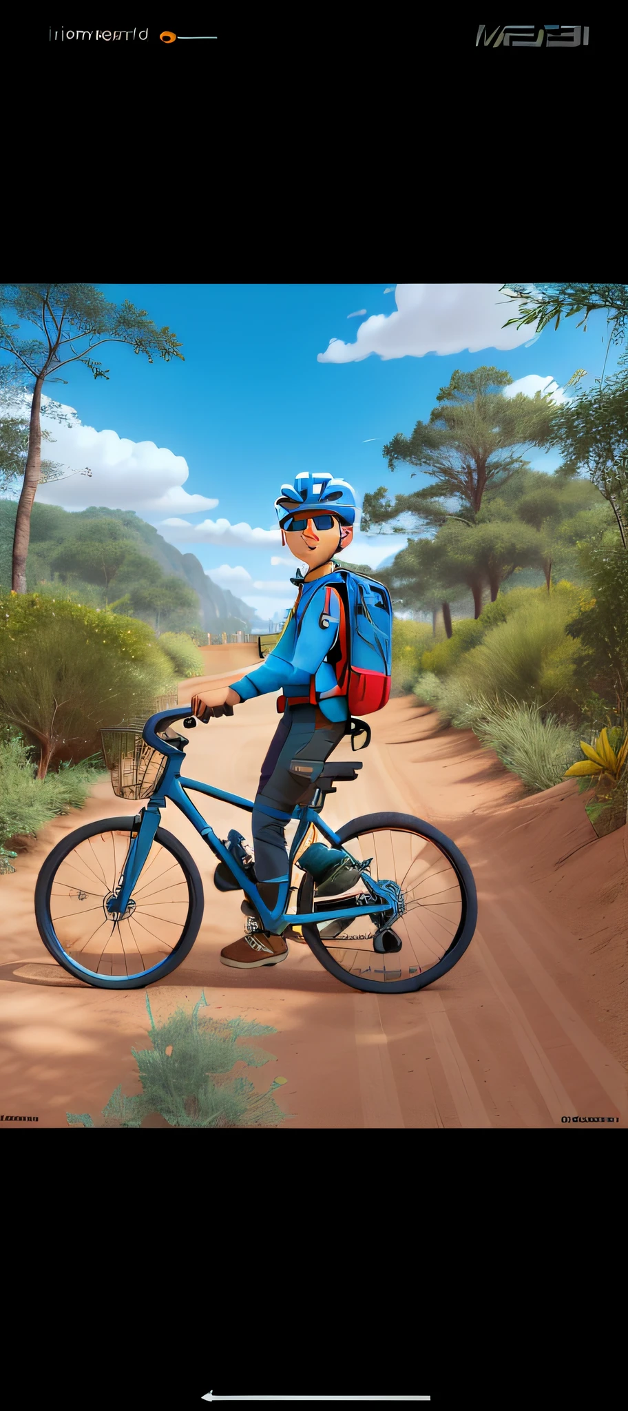 homem andando de bike, na trilha, He's wearing a helmet, Hydration backpack and sunglasses. no estilo Disney Pixar, foto na maior qualidade e melhor qualidade