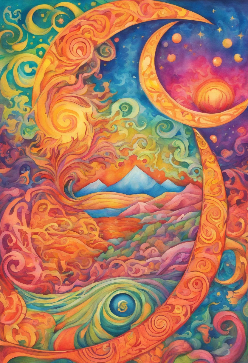 Vivid watercolor pencil drawing of a sun being hugged by a quarter-moon that is merging and meshing into It as it forms a ying yang, surrounded by earth,wind, water, and fire .