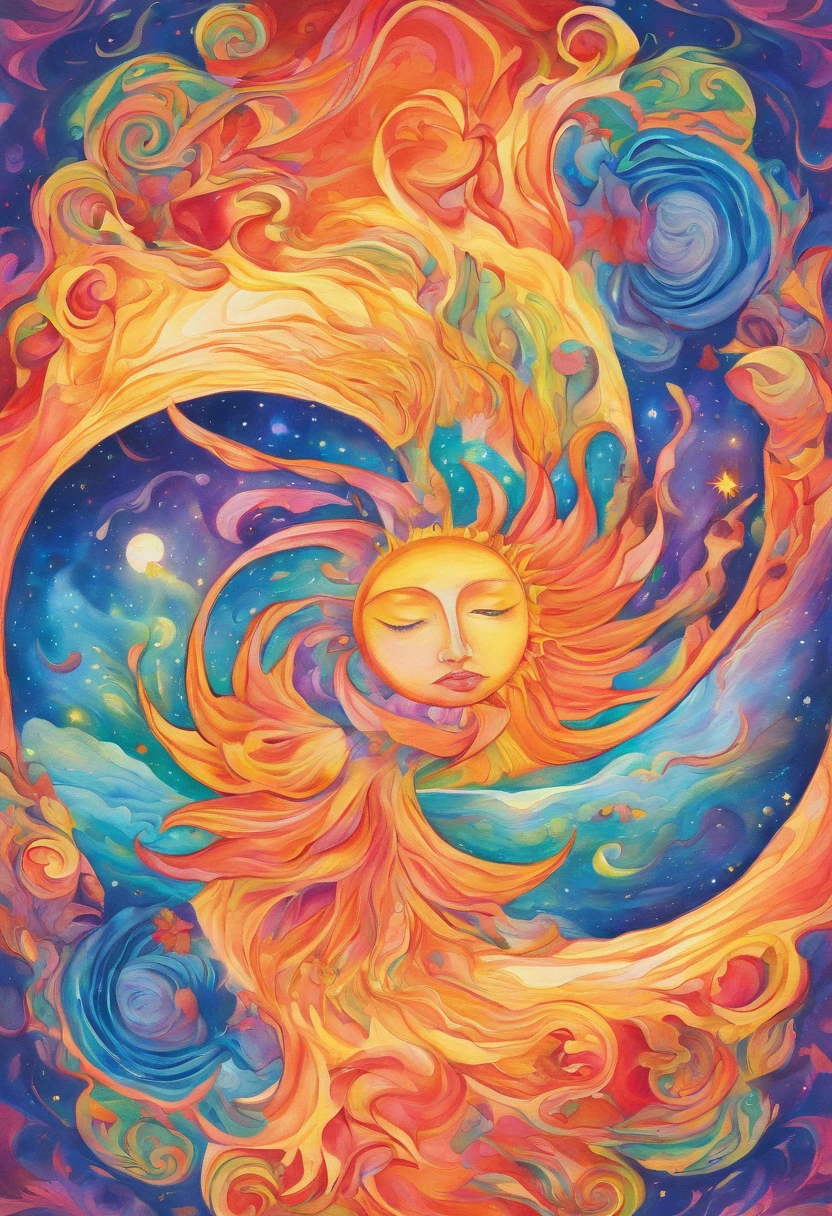 Vivid watercolor pencil drawing of a sun being hugged by a quarter-moon that is merging and meshing into It as it forms a ying yang, surrounded by earth,wind, water, and fire .