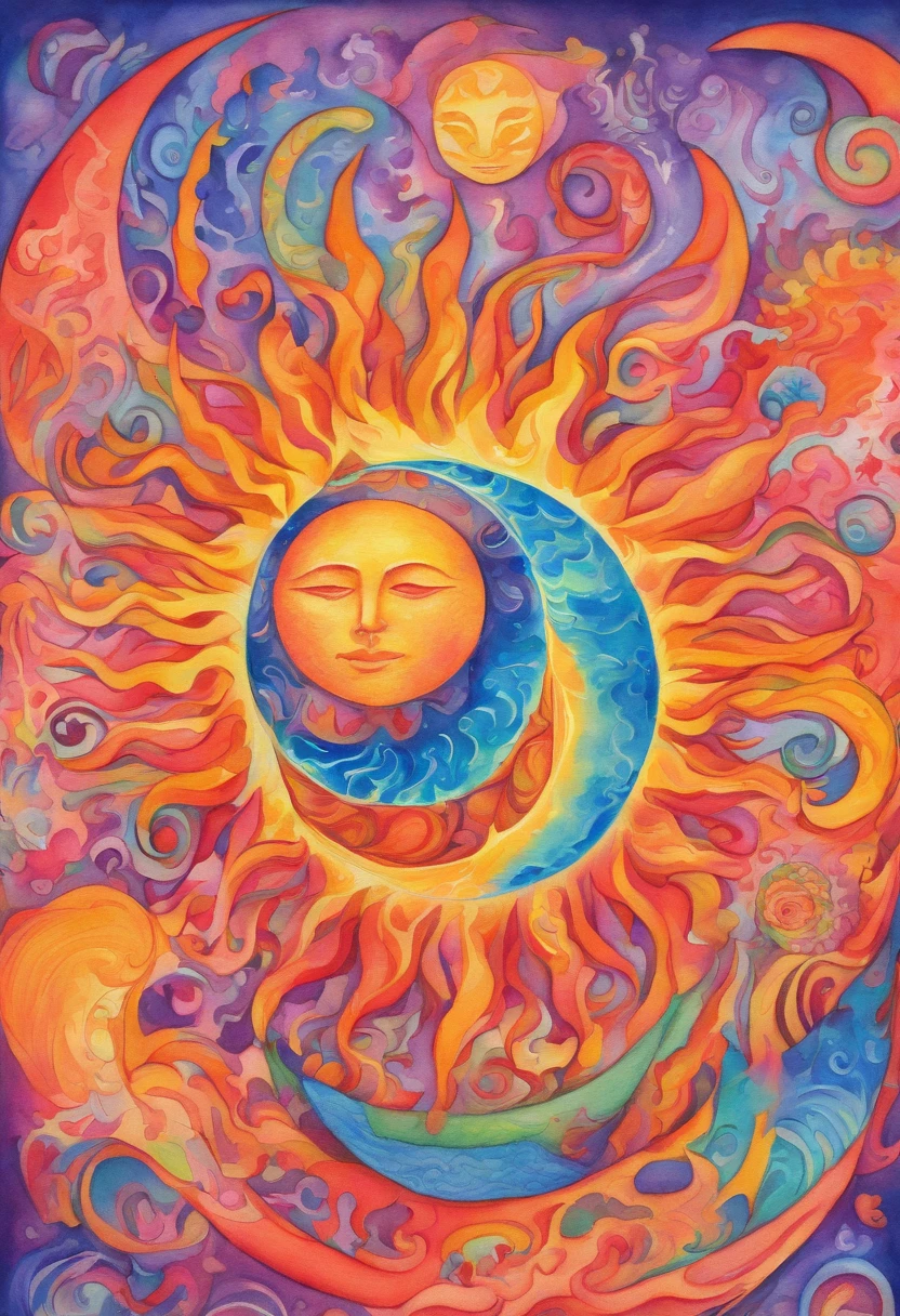 Vivid watercolor pencil drawing of a sun being hugged by a quarter-moon that is merging and meshing into It as it forms a ying yang, surrounded by earth,wind, water, and fire .