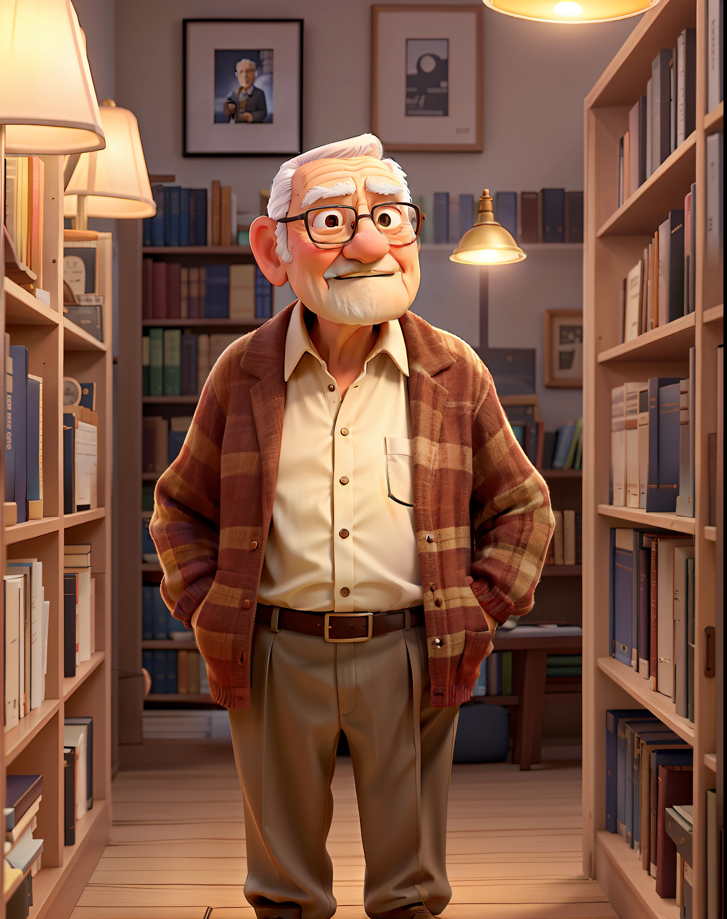 A wise old man standing in front, illuminated by the light of a lamp, against the backdrop of a library