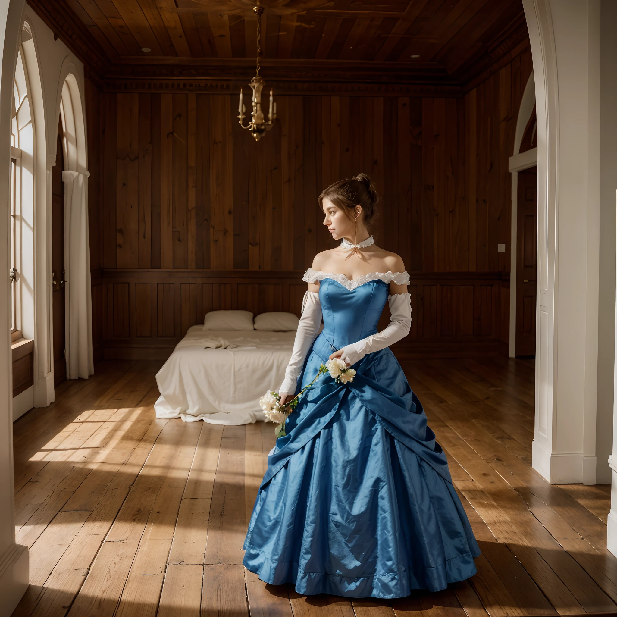 A noble woman from the Middle Ages is the main focus, vestido com um vestido de noite azul e luvas brancas. Her light brown hair is tied in a low ponytail. Woman holds a red rose in gloved left hand. She's standing on a wooden floor. The background of the room is detailed