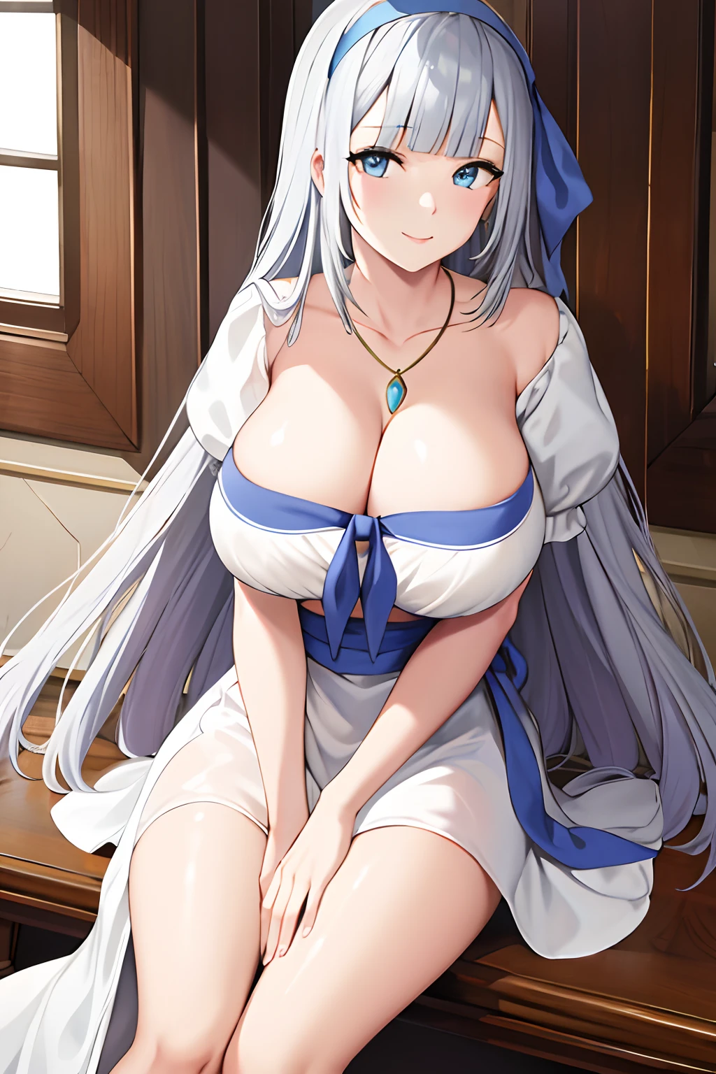 masterpiece, best quality,  big tits, MyleneHFV4, 1girl, solo, looking at viewer, dress, cleavage, jewelry, hairband, blue hairband, necklace, blunt bangs, white dress, sitting, slight smile,