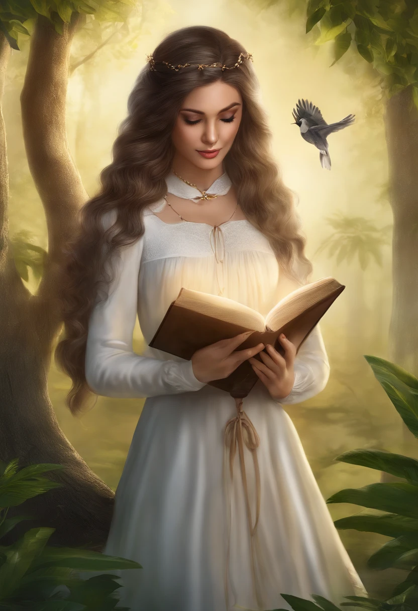 master part, best quality,, 1girl, sentado, bicho, orelhas de animais, bird, preto_Hair, livro, Indicador, ramo, Luvas, grama, cabelos verdes, propriedade, holding book, Hood, hood down, folha, Olhando para o Viewer, cabelos multicoloridos, open sky_livro, luvas parcialmente sem dedos, caneta, planta, Bolsa, canetaa, leitura, sentado, sorrir, sozinho, tail, tree, Tree stump,, heaven, sol, montanha, Floresta, lago