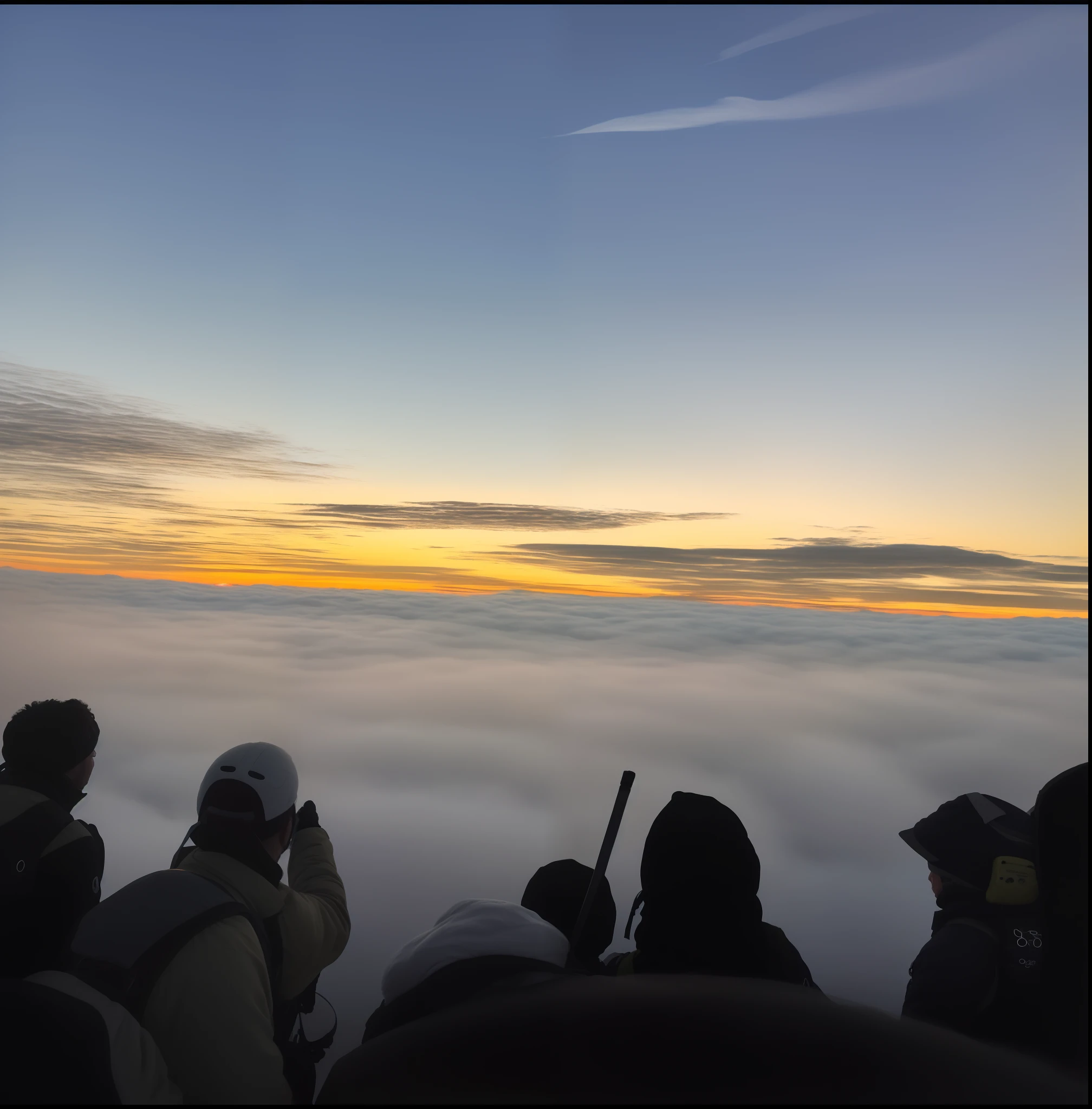 People stand on the top of the mountain and look up at the sky, during sunrise, rise above clouds, walking above the clouds and fog, Above the clouds, view above the clouds, At sunrise, Fly over the clouds, in the bottom there a lot of fog, 8 k''. filling of the view, late sunset, during dawn, Sunset in the clouds, In the clouds