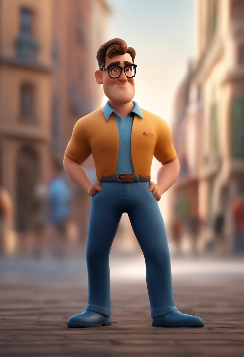Cartoon character of a man with black glasses and a blue shirt, animation character, Caractere estilizado, animation style rendering, 3D estilizado, Arnold Maya render, 3 d render stylized, toon render keyshot, Personagem 3D, Personagem 3D, 3d rendering stylized, 3 d character render, personagem de desenho animado, Personagem de close up, Pose de personagem,  (Estilo Pixar) (master part:1.2) (Bokeh) (best quality) (pele detalhada) (textura detalhada) (8k) (argila) (Cinematic lighting) (foco nítido