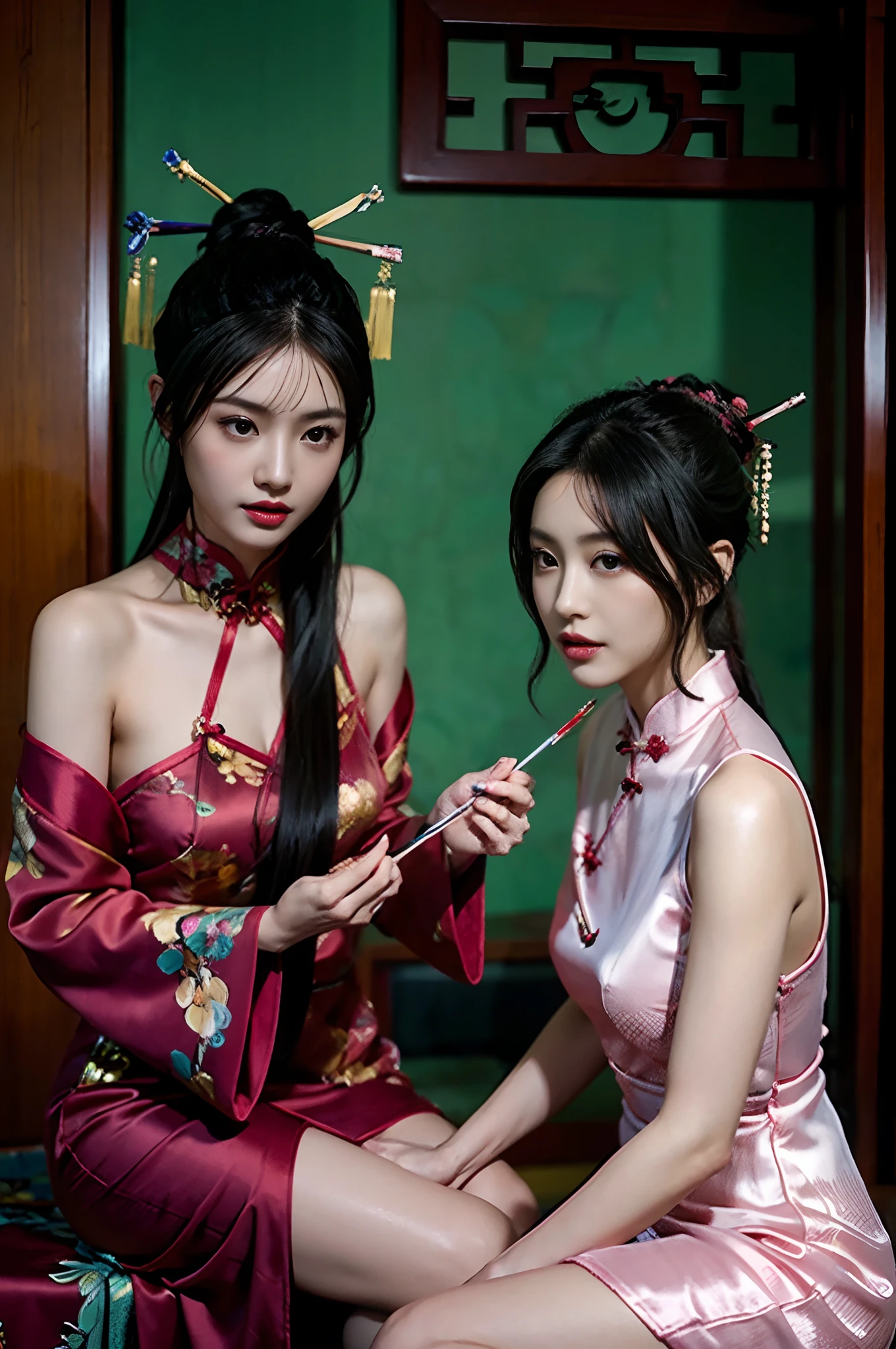 high-level image quality、Like a shot with an SLR、Sensual body,thighs、slit、Painting a work of art depicting two women in a traditional cheongsam sitting together,duo,leering:1.3,Chinese hair ornament:1.4,Chinese hairpins:1.4,Chinese hairsticks:1.4