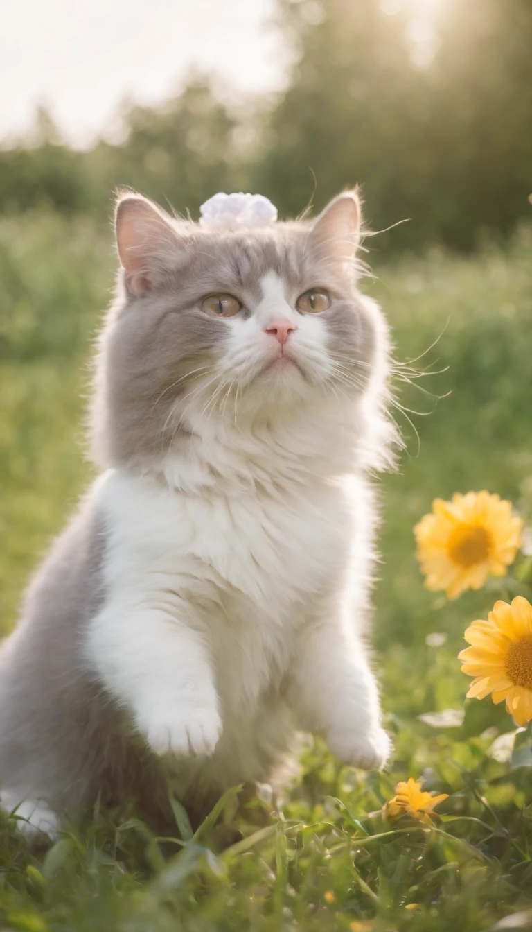 Dressed in cute pet clothes and hats, wearing sunglasses, short silver gradient, rays of sunshine,heal,Lying on the lawn,There are some flowers,super adorable,Chubby