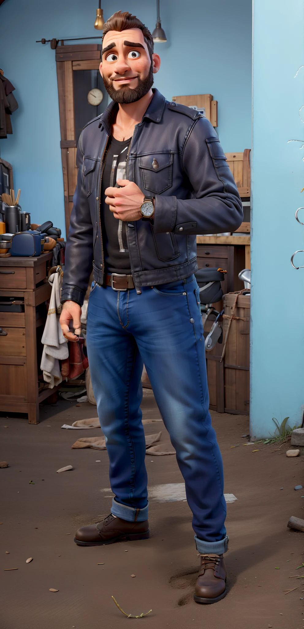 master part, best quality, um velho com barba branca e longos cabelos castanhos, vestindo uma jaqueta de couro e jeans preto, ao lado de sua motocicleta