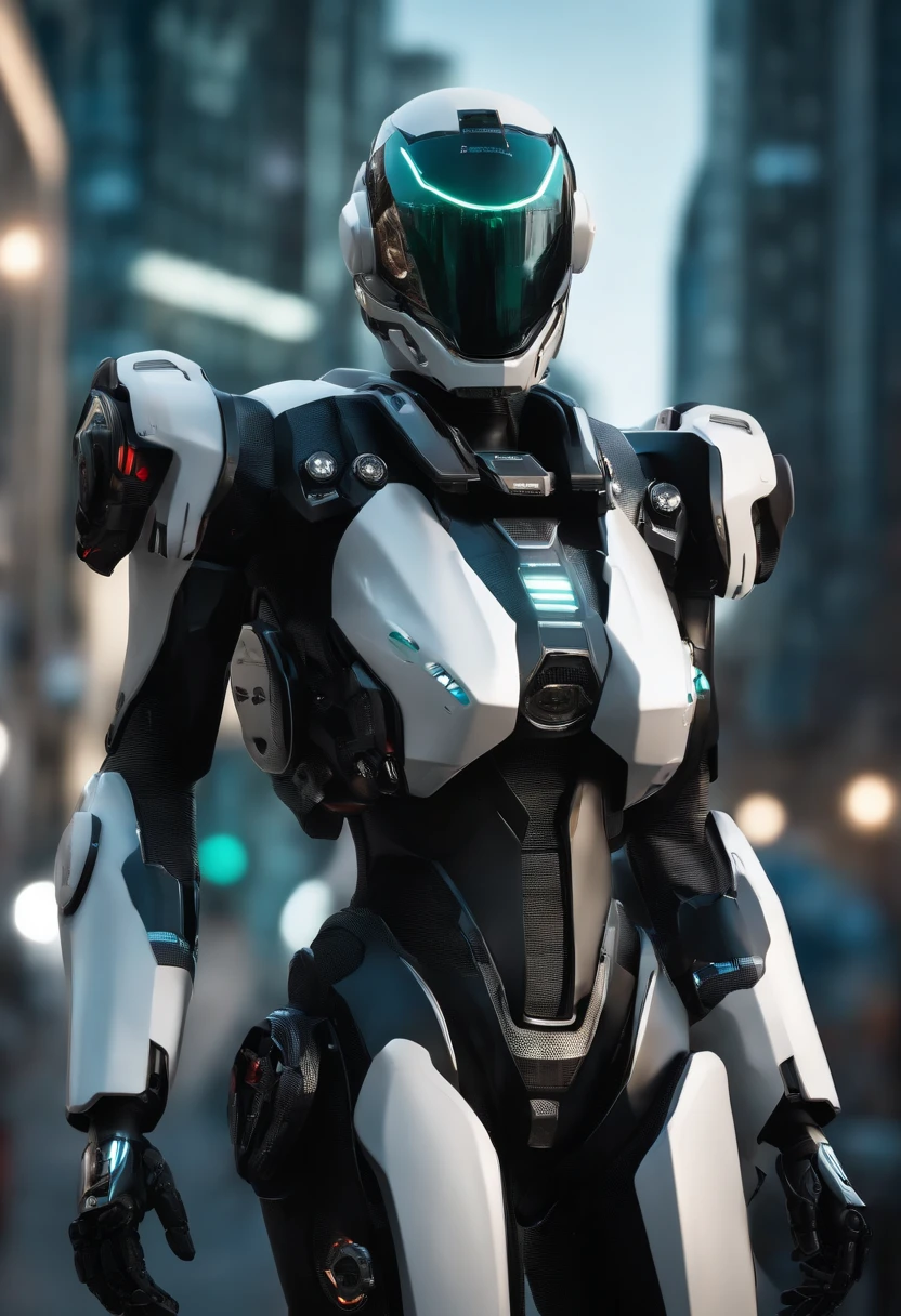 A mais alta qualidade de imagem, Detalhes marcantes, ultra-high resolution, (Fidelidade: 1.4), The best illustration, favor details, 1girl altamente condensado, com um rosto delicado e bonito, vestido em preto e branco mecha, usando um capacete mecha, holding a steering controller, andar de moto, the background is a high-tech lighting scene of the future city.