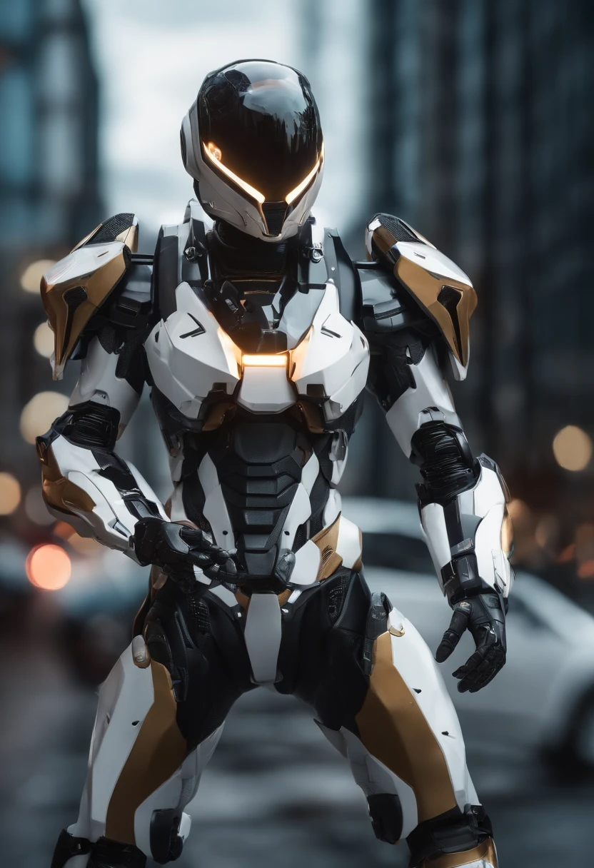 A mais alta qualidade de imagem, Detalhes marcantes, ultra-high resolution, (Fidelidade: 1.4), The best illustration, favor details, 1girl altamente condensado, com um rosto delicado e bonito, vestido em preto e branco mecha, usando um capacete mecha, holding a steering controller, andar de moto, the background is a high-tech lighting scene of the future city.