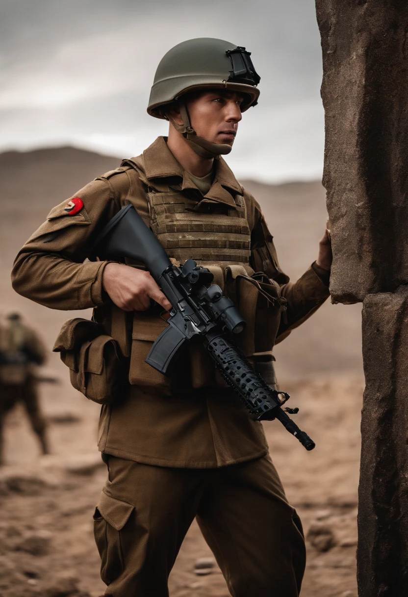 A soldier on the battlefield,Wearing a uniform,holding rifle,Facing the enemy。His expression was serious,with a determined look in his eyes,It seems to be thinking about the next move。