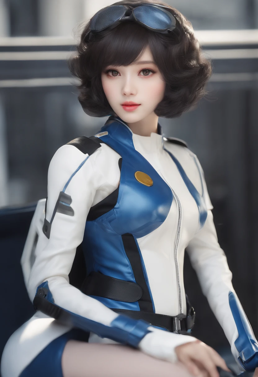 (master part, extremely high quality, highest resolution, diferente_imagem, Detalhes detalhados): (sozinho, lone girl, Japan face, menina de cabelos azuis, short hair, figura de corpo inteiro, Seios de tamanho pequeno, olhos azuis cintilantes, pilot suit in metallic white and blue tone, cor preta, roupas justas, roupas cobrindo todo o corpo, beleza, corpo magro, exosqueleto, botas de joelho, heroine, supino, Coxas abertas de um lado para o outro, arm-length gloves, auricular)