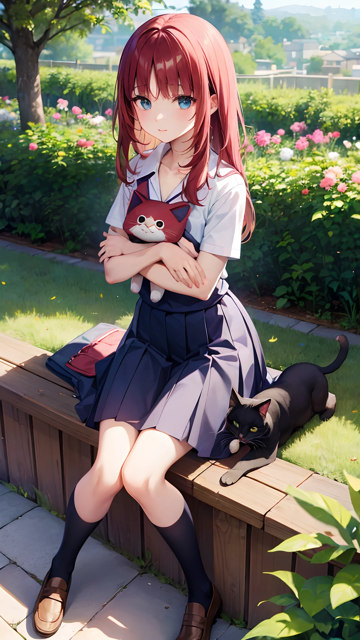 Anime style, school uniform, hold cat doll, small chest, Garden background