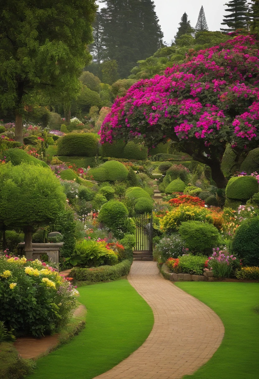 There is a green lawn with a gate and flowers in the middle, jardim exuberante no fundo, com um gramado exuberante, Gramado exuberante, paisagem do jardim, Jardim bonito no fundo, ambiente do jardim, exuberante jardim arredores, pastoral backyard setting, Parques e Jardins, jardim com flores, exuberante e verde, Beautiful English garden, fundo do jardim, gramado, vibrant greenery outside, belo jardim