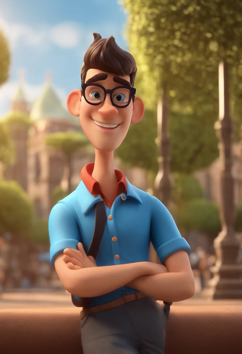 Cartoon character of a young brunette man with black glasses and a blue shirt, de joelhos rezando na igreja, animation character, Caractere estilizado, animation style rendering, 3D estilizado, Arnold Maya render, 3 d render stylized, toon render keyshot, Personagem 3D, Personagem 3D, 3d rendering stylized, 3 d character render, personagem de desenho animado, Personagem de close up, Pose de personagem,  (Estilo Pixar) (master part:1.2) (Bokeh) (best quality) (pele detalhada) (textura detalhada) (8k) (argila) (Cinematic lighting) (foco nítido