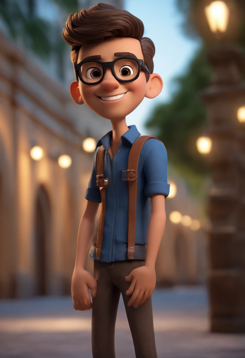 Cartoon character of a young brunette man with black glasses and a blue shirt, de joelhos rezando na igreja, animation character, Caractere estilizado, animation style rendering, 3D estilizado, Arnold Maya render, 3 d render stylized, toon render keyshot, Personagem 3D, Personagem 3D, 3d rendering stylized, 3 d character render, personagem de desenho animado, Personagem de close up, Pose de personagem,  (Estilo Pixar) (master part:1.2) (Bokeh) (best quality) (pele detalhada) (textura detalhada) (8k) (argila) (Cinematic lighting) (foco nítido