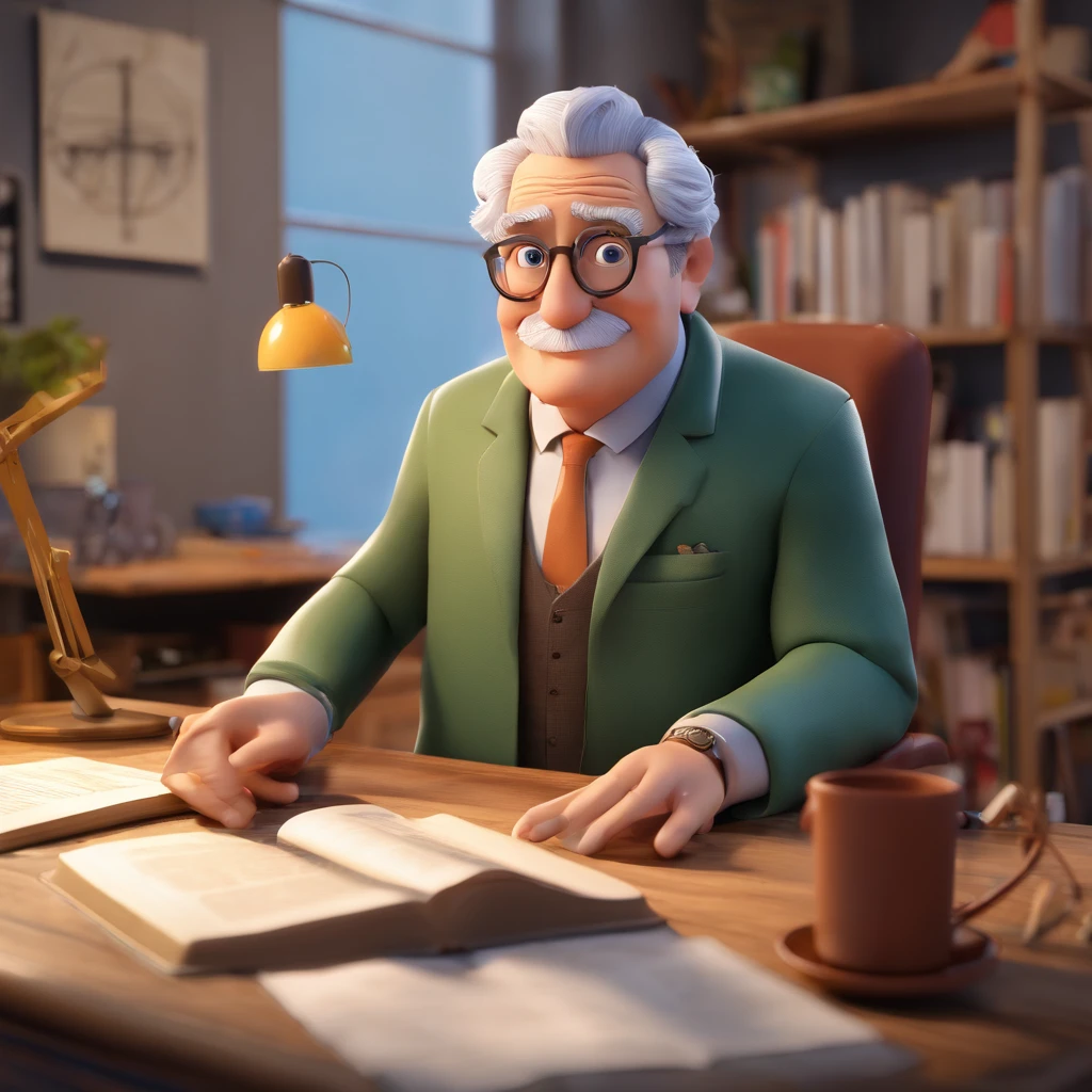 Crie um cartaz inspirado na Disney Pixar com o personagem sendo o pastor Rubens Janier, A gray-haired man wearing glasses, in an office with a Bible on the table