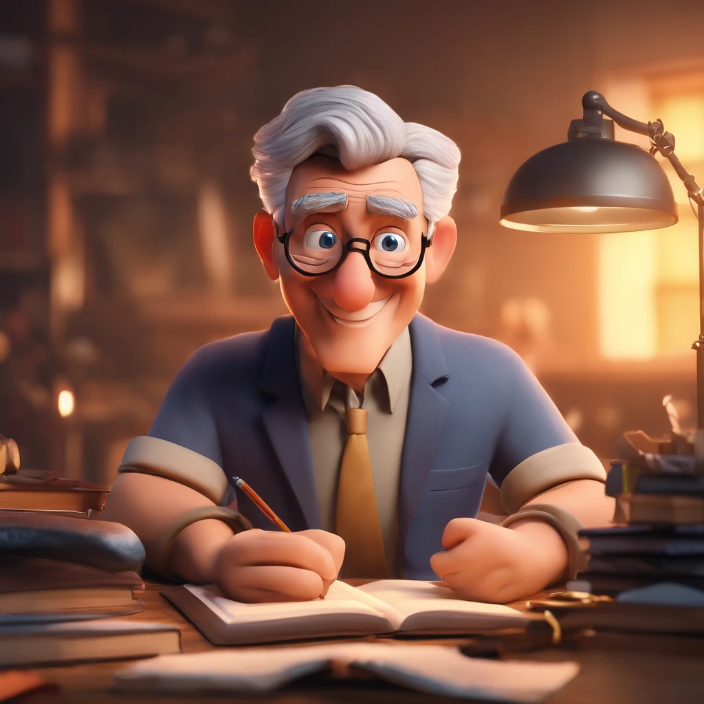 Crie um cartaz inspirado na Disney Pixar com o personagem sendo o pastor Rubens Janier, A gray-haired man wearing glasses, in an office with a Bible on the table