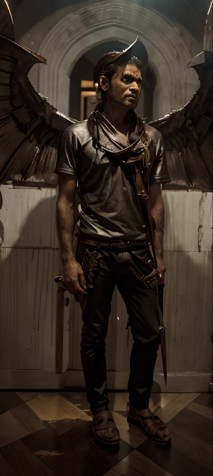 uma imagem realista do anjo arcanjo miguel com 40 anos, with a sword standing in hell, with his leg on top of the demon, and with his sword piercing the demon's torax, Angel piercing his sword into the demon, anjo super largo, epic angel wings. The Dark-Looking Demon .
