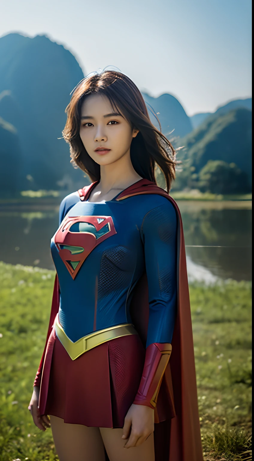 1girl in, Beautiful Vietnamese woman,((Supergirl Suit)), superman logo, A dark-haired, Slim body,full-shot, Standing Pose, looking at the viewers,Landscape of Vietnam,Countryside of Vietnam,(morning glow), Foggy,细致背景,Photorealsitic、a picture、masterpiece、reallistic、真实感、photorealisim、High contrast、Photorealistic Art Station Trending Digital Art 8k HD High Definition and Detailed Realistic, detaileds, Skin Texture, ultra-detailliert, realistic skin textures, armature, top-quality, 超A high resolution, (Photorealsitic:1.4),, hight resolution, detaileds, Raw foto, Sharp Re, Nikon D850 Film Stock Photo by Lee Jefferies 4 Kodak Portra 400 Camera F1.6 lenses rich colors hyper realistic lifelike textures dramatic lighting unreal engine artstation trends synestil 800,
