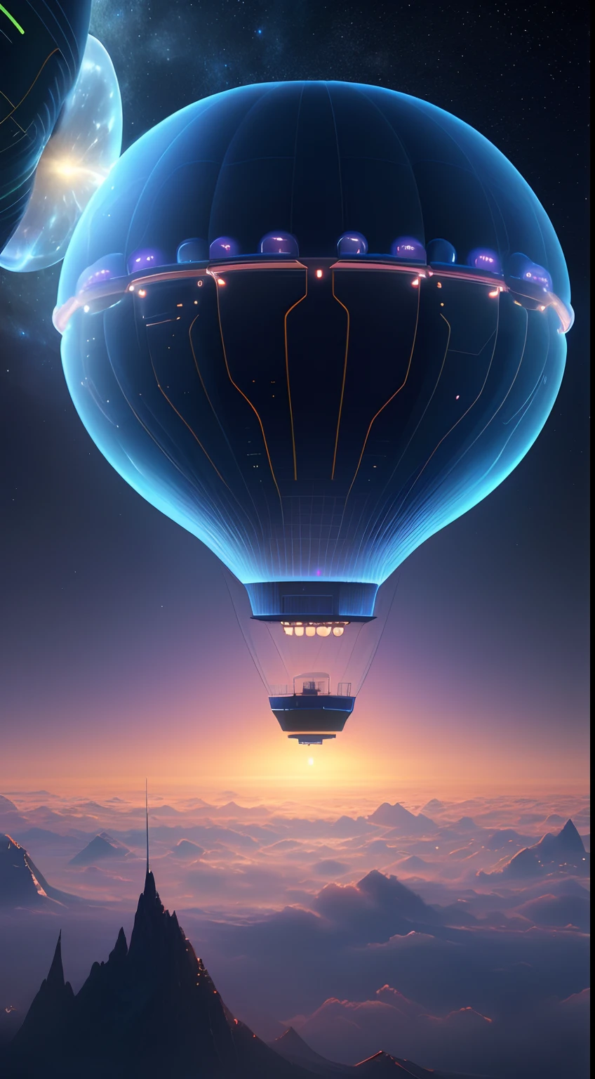 ((tmasterpiece,best qualtiy)),Beautiful 8K Ultra HD professional photos, Sharp focus, In a stunning fantasy world, Hot air balloons fly over this futuristic city,Retro cyberpunk,Strange hot air balloons,Colorful,A hot air balloon in the shape of a cute jellyfish,In the clouds,beautiful sky,Surreal,Epic dreams,a fairy world,illustration,High quality,3D rendering of,Ultra-detailed,Photorealistic,Vibrant colors,Stunning lighting,anatomy correct,Interstellar,Endless space,ssee-through,depth of fields,Magnificent space image scene,Epic futuristic science fiction