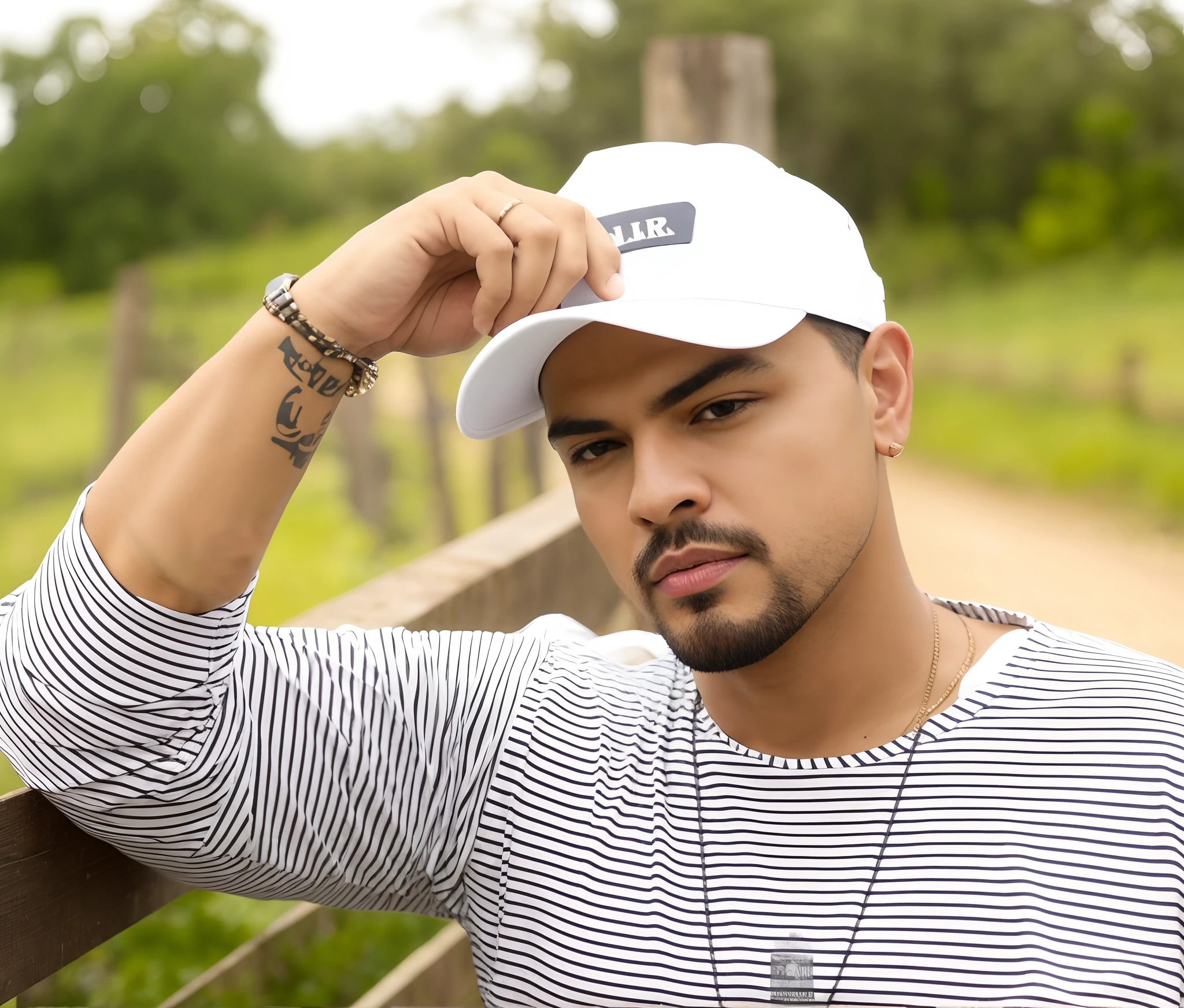 fotorrealista, cinematografic, modelo joven, latino 28 years old, pelo corto y barba, cuerpo musculoso completo con tatuaje en su brazo derecho, apoyado al costado de un BMW  convertible negro, vestida con jeans ajustados, camisa manga corta al cuerpo, gorra, zapatillas blancas con fondo miami beach