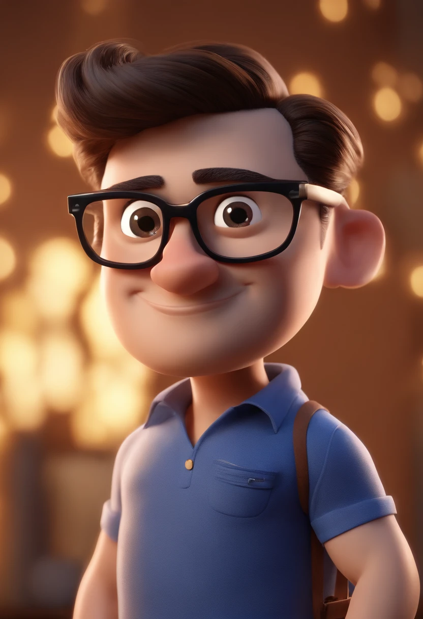 Cartoon character of a man wearing black glasses and a blue shirt, um personagem animado, Caractere estilizado, animation style rendering, 3D estilizado, Arnold Maya render, 3 d render stylized, toon render keyshot, Personagem 3D, Personagem 3D, 3d rendering stylized, 3 d character render, personagem de desenho animado, Personagem de close up, Pose de personagem, (Estilo Pixar) (master part:1.2) (Bokeh) (best quality) (pele detalhada) (textura detalhada) (8k) (argila) (Cinematic lighting) (foco nítido,Senta e vaza a parte superior do corpo