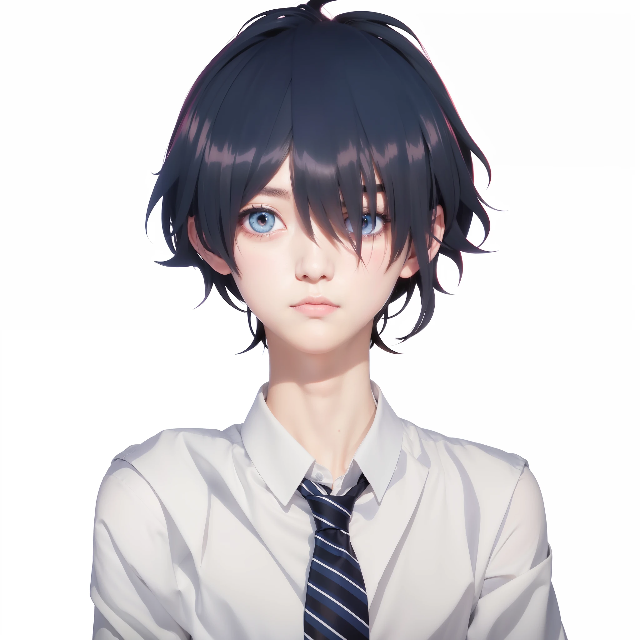 Anime boy with black hair and blue eyes wearing a white shirt and tie, inspired by Okumura Togyu, anime moe art style, Tall anime guy with blue eyes, inspirado em Okumura Masanobu, gapmoe yandere, young anime man, portrait gapmoe yandere grimdark, Anime boy, made with anime painter studio