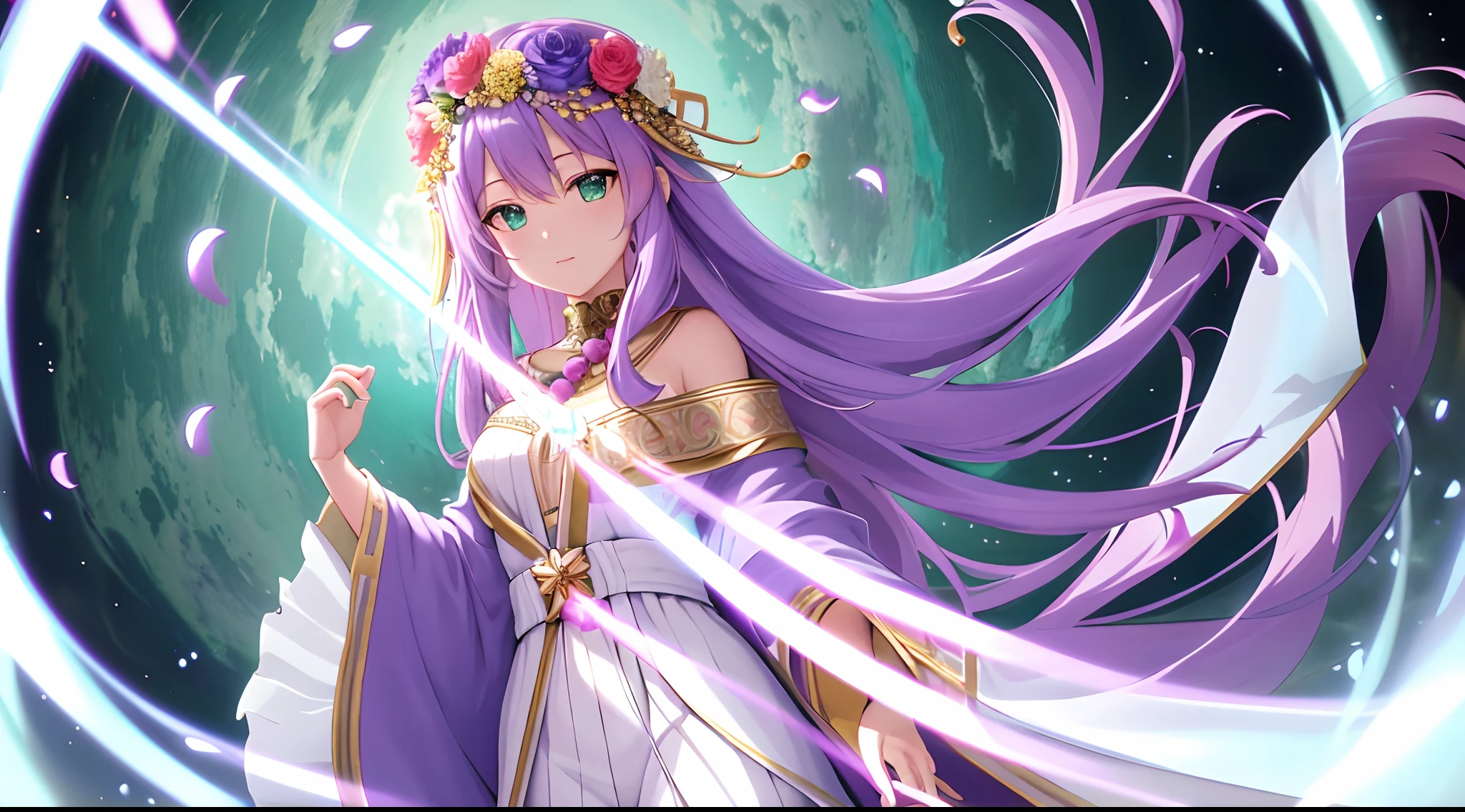 Athena with plain long light purple hair,hair between eyes,green eyes,rosy cheeks,full lips,thin eyebrows,slender body,wearing flowers robe and full long skirt,praying beads on neck,cute anime girl,full body,cosmic flowers in background,anime style,Lumen Reflections,Screen Space Reflections,Diffraction Grading,Chromatic Aberration,GB Displacement,Scan Lines,Ray Traced,Anti-Aliasing,FXAA,TXAA,RTX,SSAO,Shaders,OpenGL-Shaders, GLSL-Shaders,Post Processing,Post-Production,cell Shading,Tone Mapping,CGI,VFX,SFX,insanely detailed and intricate, 4K,standing, solo, masterpiece, best quality, detailed face, detailed eyes, highres, standing, solo,masterpiece, best quality