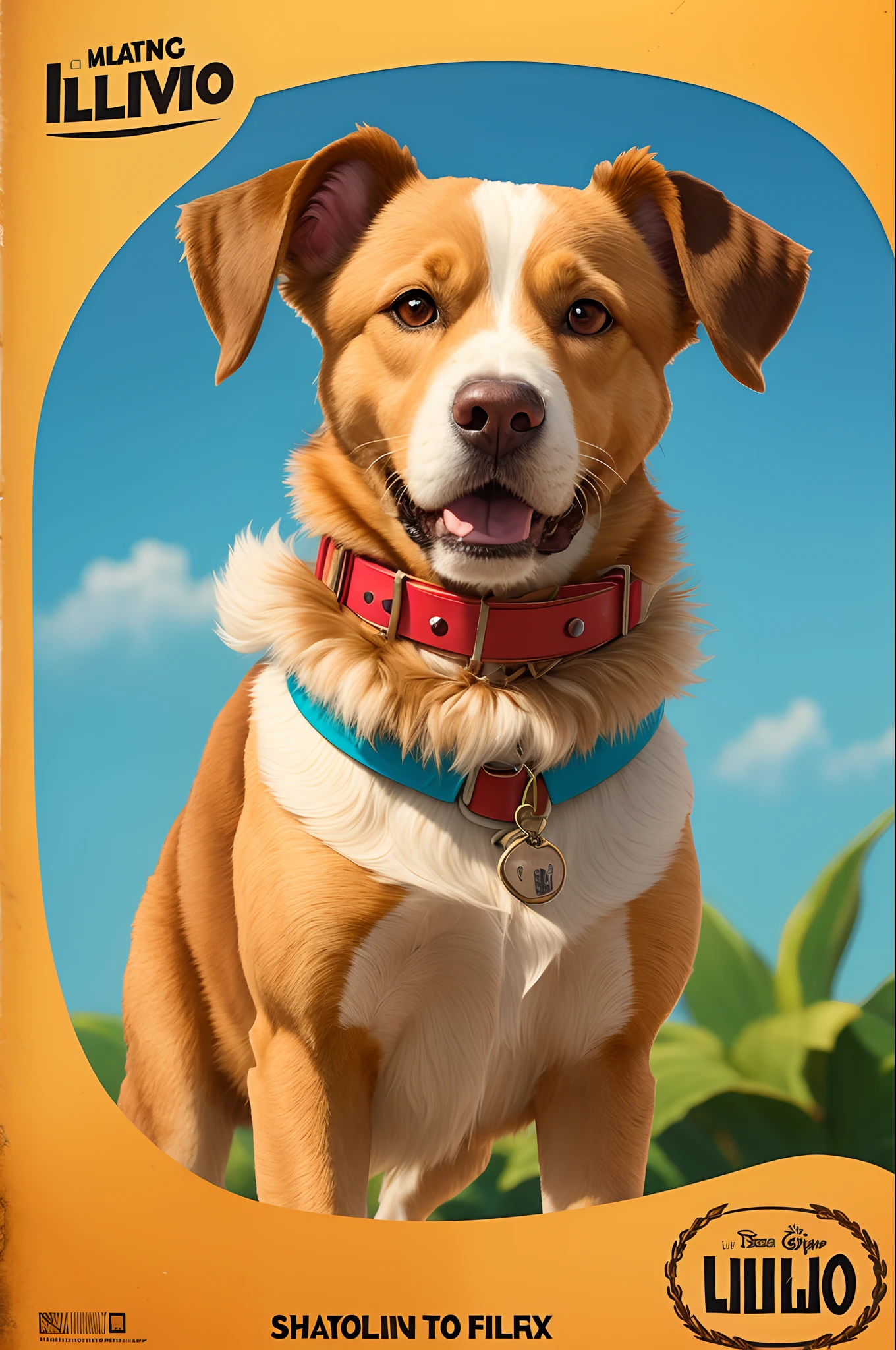 a Disney pixar inspired movie poster with the title 'Lilo'. Lilo, big mixed breed female dog, cheerful, thin, with caramel short fur wearing a collar around her neck.