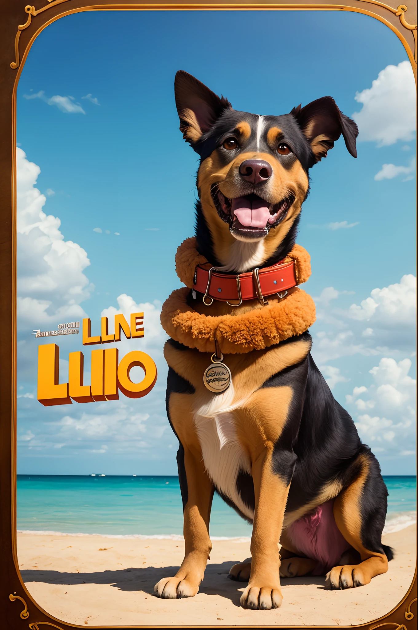 a Disney pixar inspired movie poster with the title 'Lilo'. Lilo, big mixed breed female dog, cheerful, thin, with caramel short fur wearing a collar around her neck.