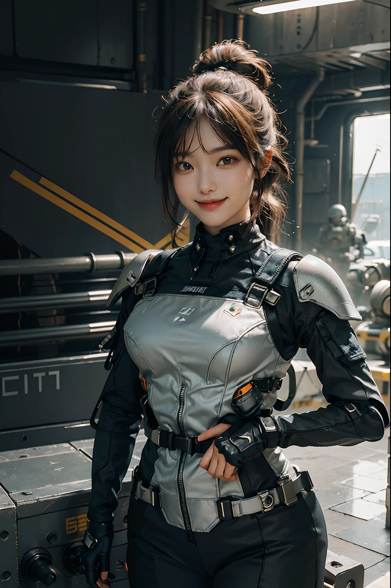 (Highest image quality, outstanding details, ultra-high resolution), 1 girl, wearing futuristic military outfit((full armor mechanic suit, reactive armour plates, shoulder multi rocket pod, military harness, military gears such as pouches)), (glamour body:1.2, buffed and muscular body), (a bit chubby:0.5, plump lower body), background military base, bright smile with pleasure and excitement, dynamic pose, dramatic lighting,