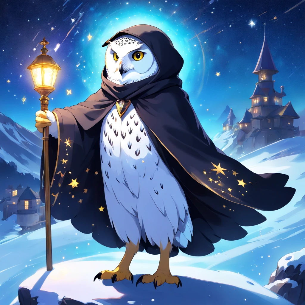 anthro (snowy owl) wizard, humanoid, wearing a black hooded cloak and tunic, starry sky with glowing constellations, Fantasy realm, Epic, magical,