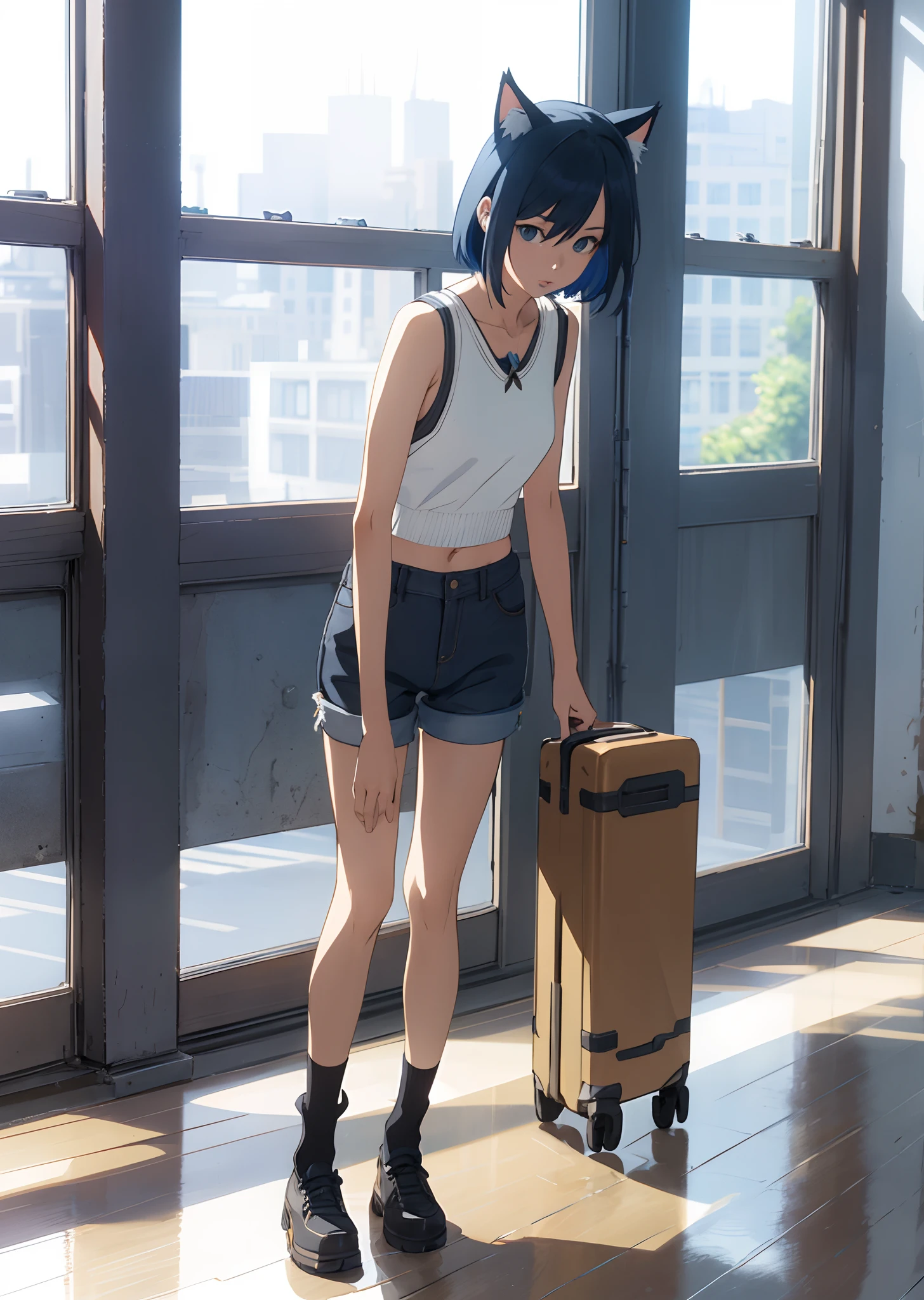 She has short blue hair and cat ears.、Black sleeveless knit、denim short pants、Beautiful girl in white loose socks