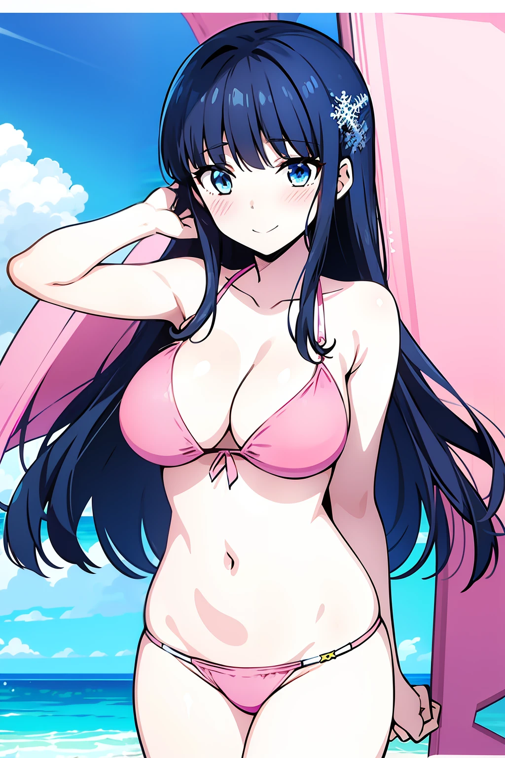 Miyuki, 1girl in, Solo, long_hair, Bangs, Blue_Eyes, Black_hair, hair_ornament detached, blunt_Bangs, Yuki, Snowflake_hair_ornament detached、Look at viewers、embarrassed, Blushing, A smile,(pink bikinis:1.3),(the beach:1.3)、thighs thighs thighs thighs、cowboy shot、Bare neck、Bare arms、bare shoulders、bare elbows、Bare hands、Naughty big、large full breasts、