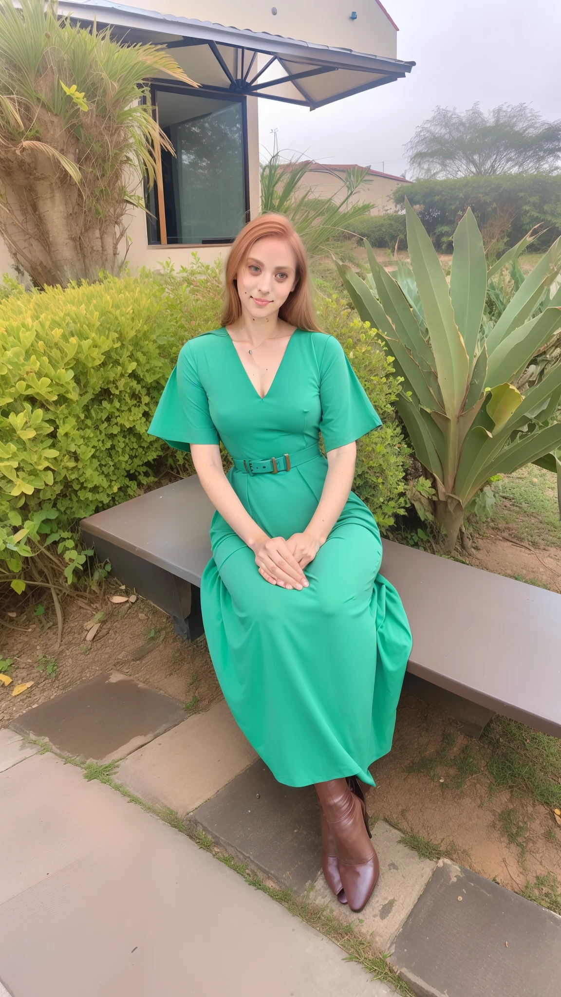 There is a woman, de cabelo loiro escuro liso com as pontas onduladas, sentada em um banco com um vestido verde de corpo inteiro, inspirado em Maria Helena Vieira da Silva, com um sapato marrom.