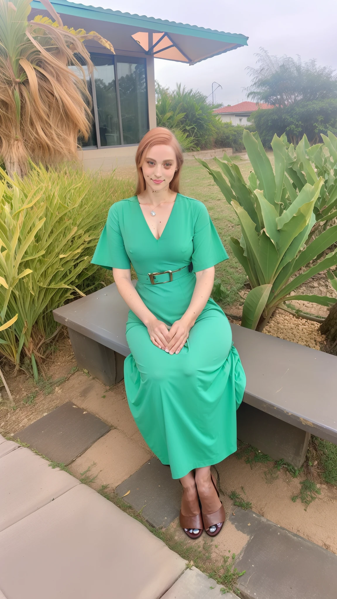 There is a woman, de cabelo loiro escuro liso com as pontas onduladas, sentada em um banco com um vestido verde de corpo inteiro, inspirado em Maria Helena Vieira da Silva, com um sapato marrom.