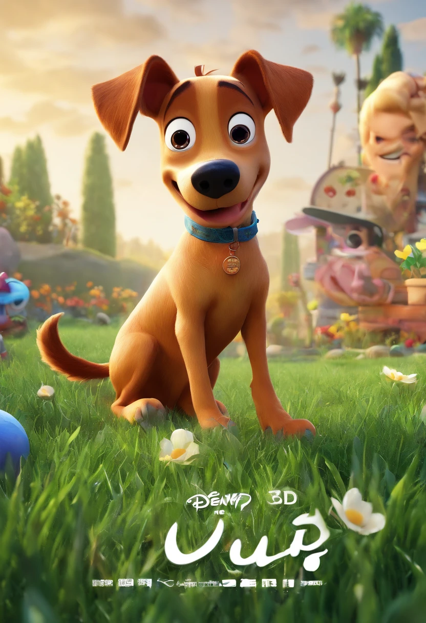 a 3d pixar disney style poster with the text: Guto. shitz zu black and white dog playing in the grass