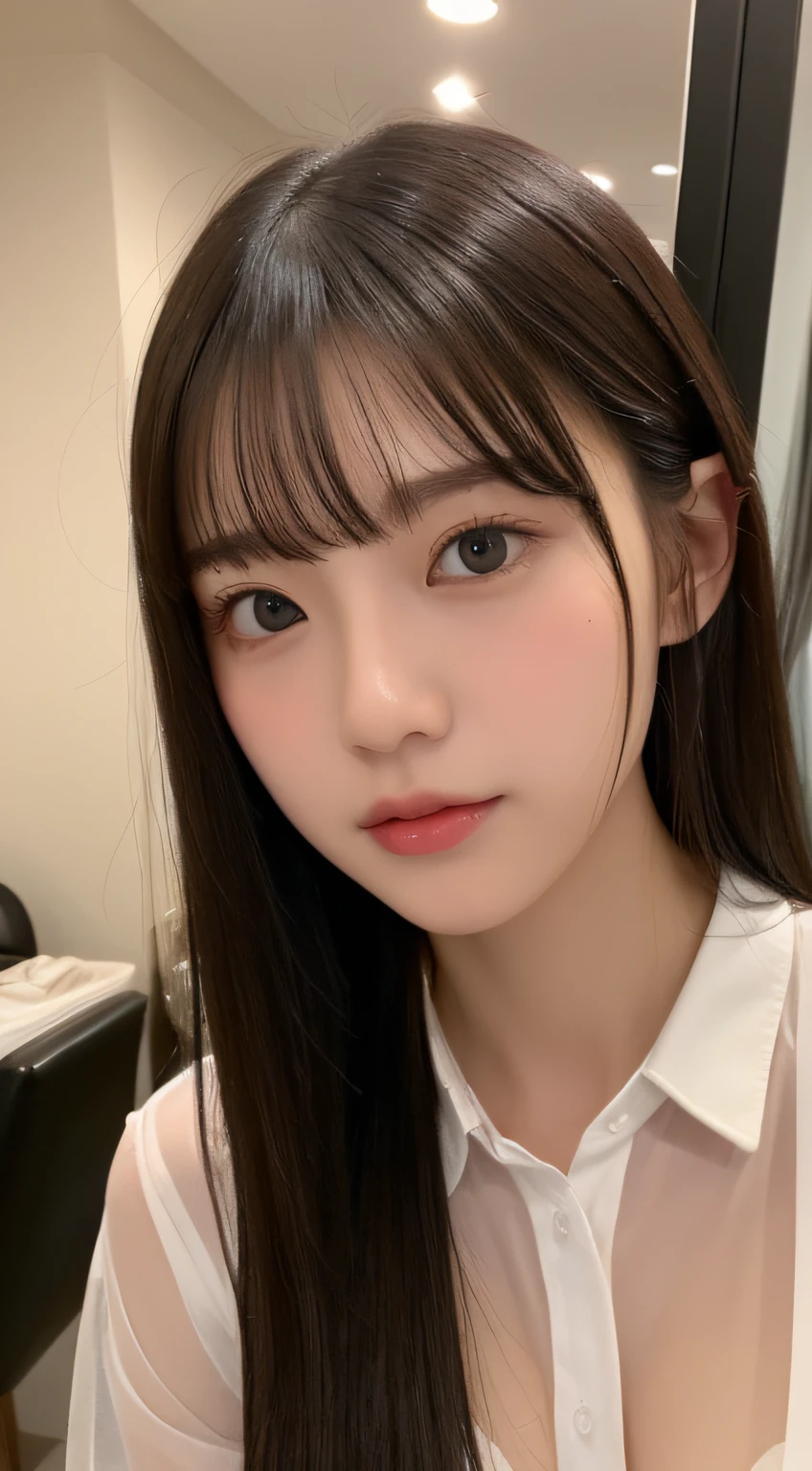 ((top-quality、8K、masterpiece:1.5))、One girl、(Unhealthy face)、(Letter to)、Blunt bangs、(Lots of bangs:1.3)、(full body Esbian:1.4)、(Symmetrical face)、hyperdetailed face、Ultra detailed mouth、A detailed eye、Detailed ears、Slim Faces、(selfee:1.3)、(off shoulders)、(Armpit)、(Looking Up)、(From above)、(Straight long hair、Ahoge:1.3)、(Upper Eyes)、the background is blurred、(Sheer shirt:1.3)、(I can see the cleavage:0.7)、lipgloss、(Beauty Salon)、(turning off lights)、