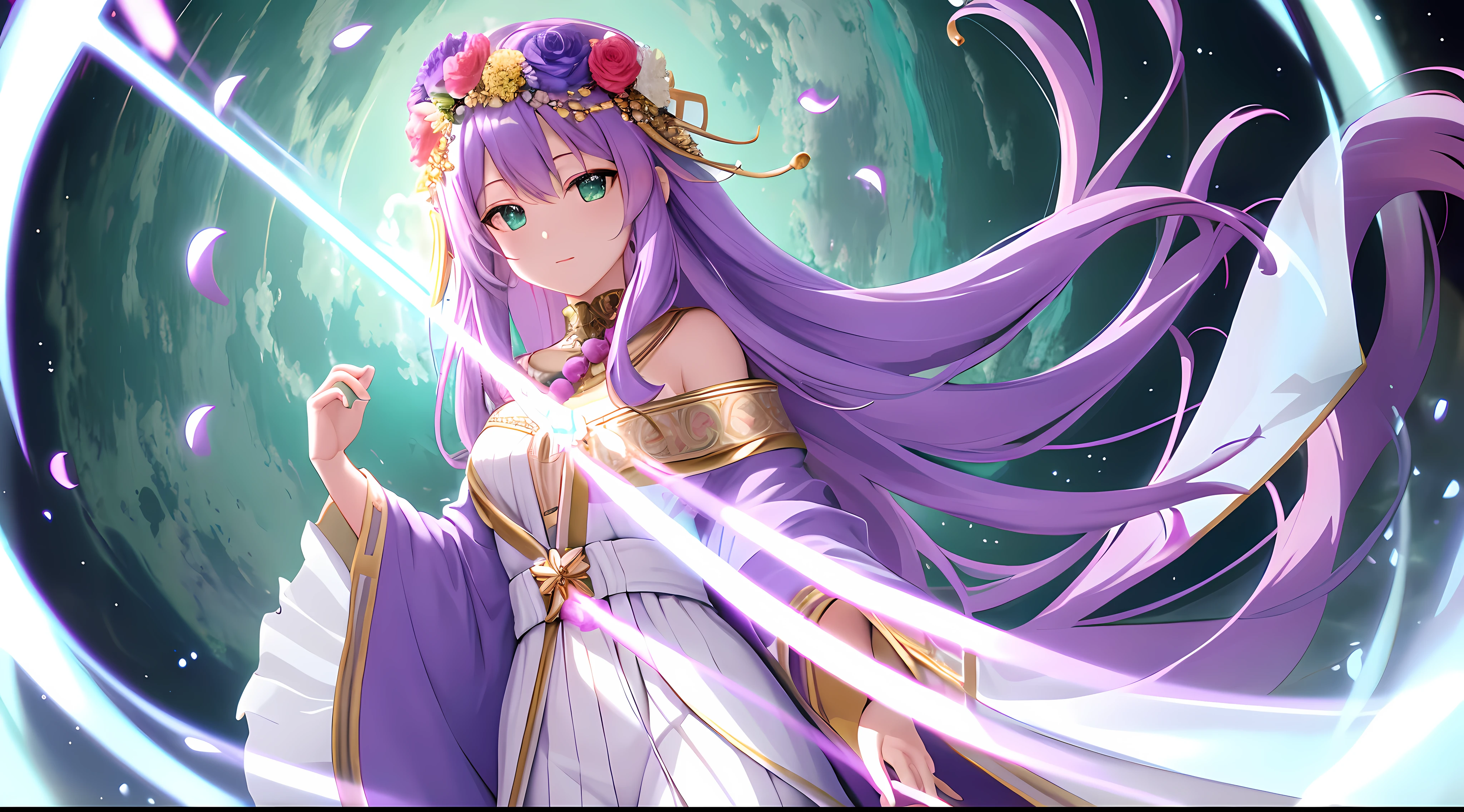 Athena with plain long light purple hair,hair between eyes,green eyes,rosy cheeks,full lips,thin eyebrows,slender body,wearing flowers robe and full long skirt,praying beads on neck,cute anime girl,full body,cosmic flowers in background,anime style,Lumen Reflections,Screen Space Reflections,Diffraction Grading,Chromatic Aberration,GB Displacement,Scan Lines,Ray Traced,Anti-Aliasing,FXAA,TXAA,RTX,SSAO,Shaders,OpenGL-Shaders, GLSL-Shaders,Post Processing,Post-Production,cell Shading,Tone Mapping,CGI,VFX,SFX,insanely detailed and intricate, 4K,standing, solo, masterpiece, best quality, detailed face, detailed eyes, highres, standing, solo,masterpiece, best quality