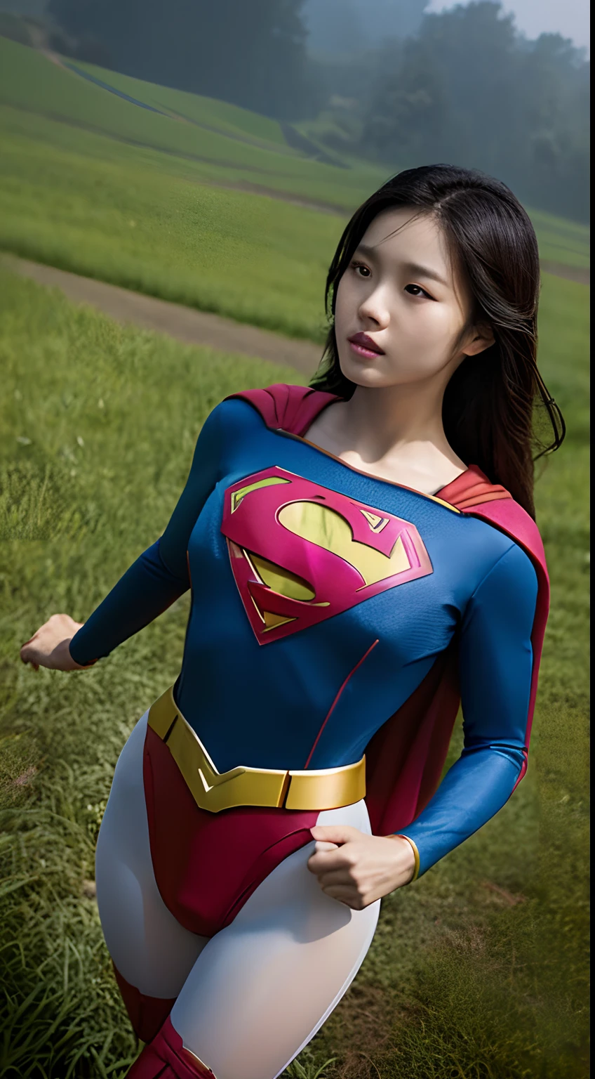 1girl in, Beautiful Vietnamese woman,((Supergirl Suit)), superman logo, A dark-haired, Slim body,full-shot, Standing Pose, looking at the viewers,Landscape of Vietnam,Countryside of Vietnam,(morning glow), Foggy,细致背景,Photorealsitic、a picture、masterpiece、reallistic、真实感、photorealisim、High contrast、Photorealistic Art Station Trending Digital Art 8k HD High Definition and Detailed Realistic, detaileds, Skin Texture, ultra-detailliert, realistic skin textures, armature, top-quality, 超A high resolution, (Photorealsitic:1.4),, hight resolution, detaileds, Raw foto, Sharp Re, Nikon D850 Film Stock Photo by Lee Jefferies 4 Kodak Portra 400 Camera F1.6 lenses rich colors hyper realistic lifelike textures dramatic lighting unreal engine artstation trends synestil 800,
