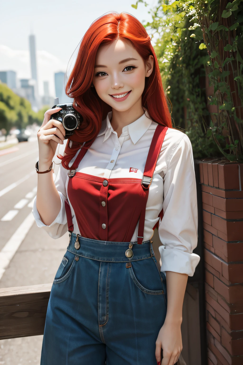 woman, redhead, red shirt, white suspenders, smile, holding a camera