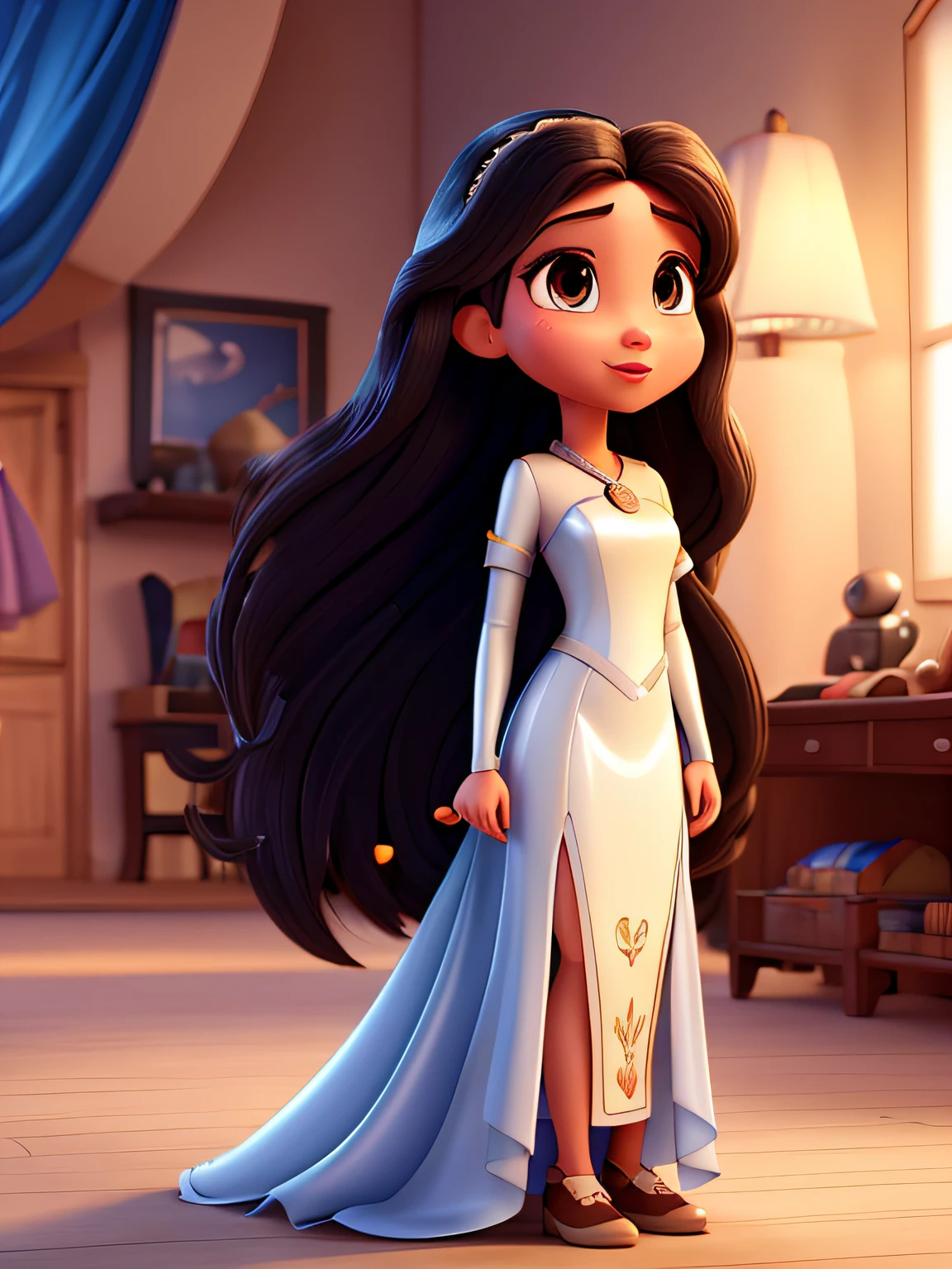 create a woman with long straight dark hair, light skin, with a shiny dress holding a microphone, Disney Pixar animation style