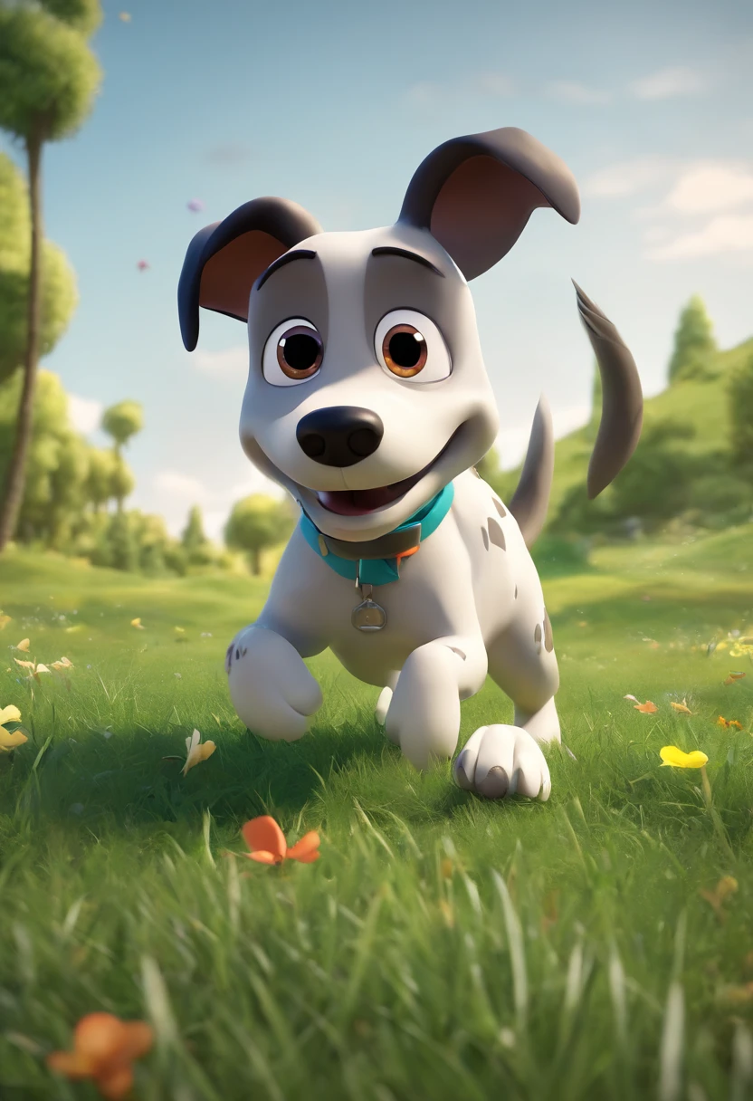 a 3d pixar disney style poster shitz zu black and white dog playing in the grass