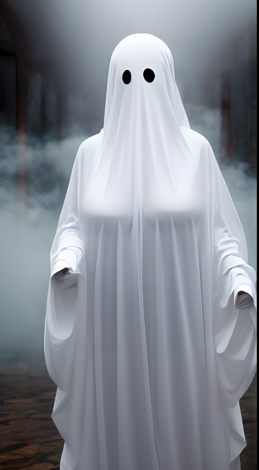 Traditional ghost with big boobs, no face, thick fog