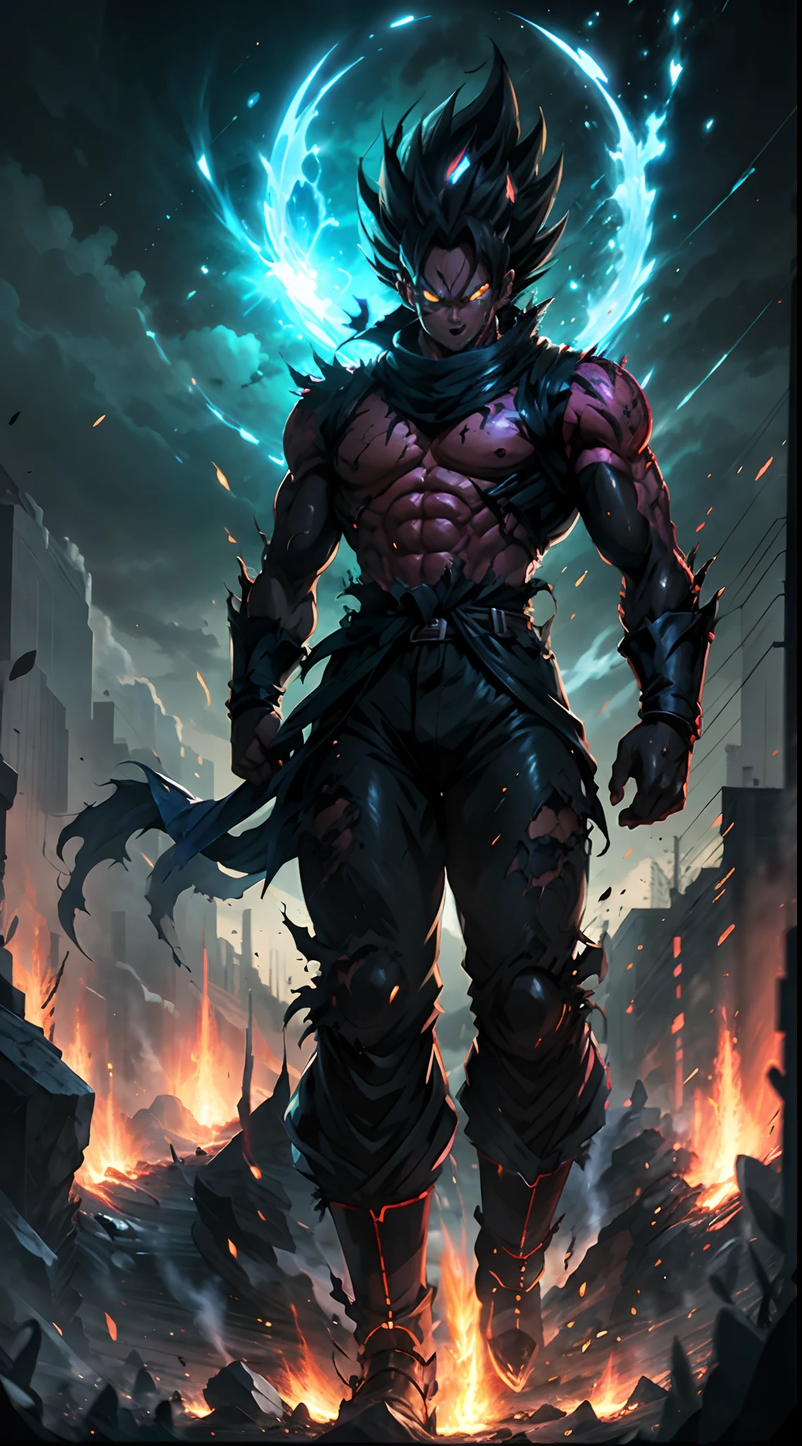 Black demon god with handsome face, glowing red eyes, transformed state mode, extreme instinct, epic anime about energy man, fire, lava, anime epic artwork, concept art Dragon Ball Universe concept, manga 8k wallpaper, detailed digital anime art, advanced digital anime art, detailed anime artwork, 8k badass anime