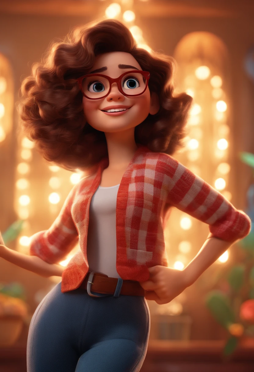 Pixar style image with 3D character white glasses brunette woman short curly hair dancing, Maquiagem Disney,Pescador, bonitinho, sorridente ,Close-up, Pixar, Disney, Cinema lighting,
